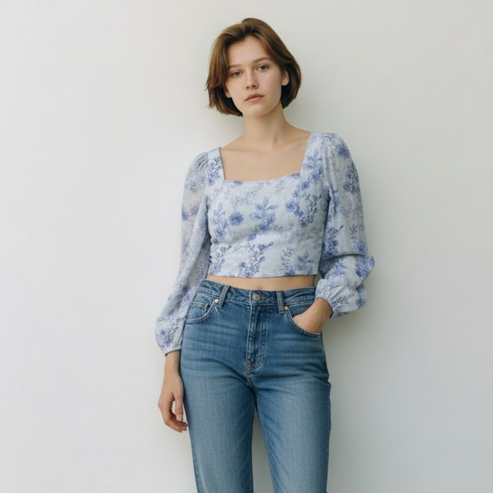 House of Harlow 1960 Blue Floral Puff Sleeve Crop Top Women's Small